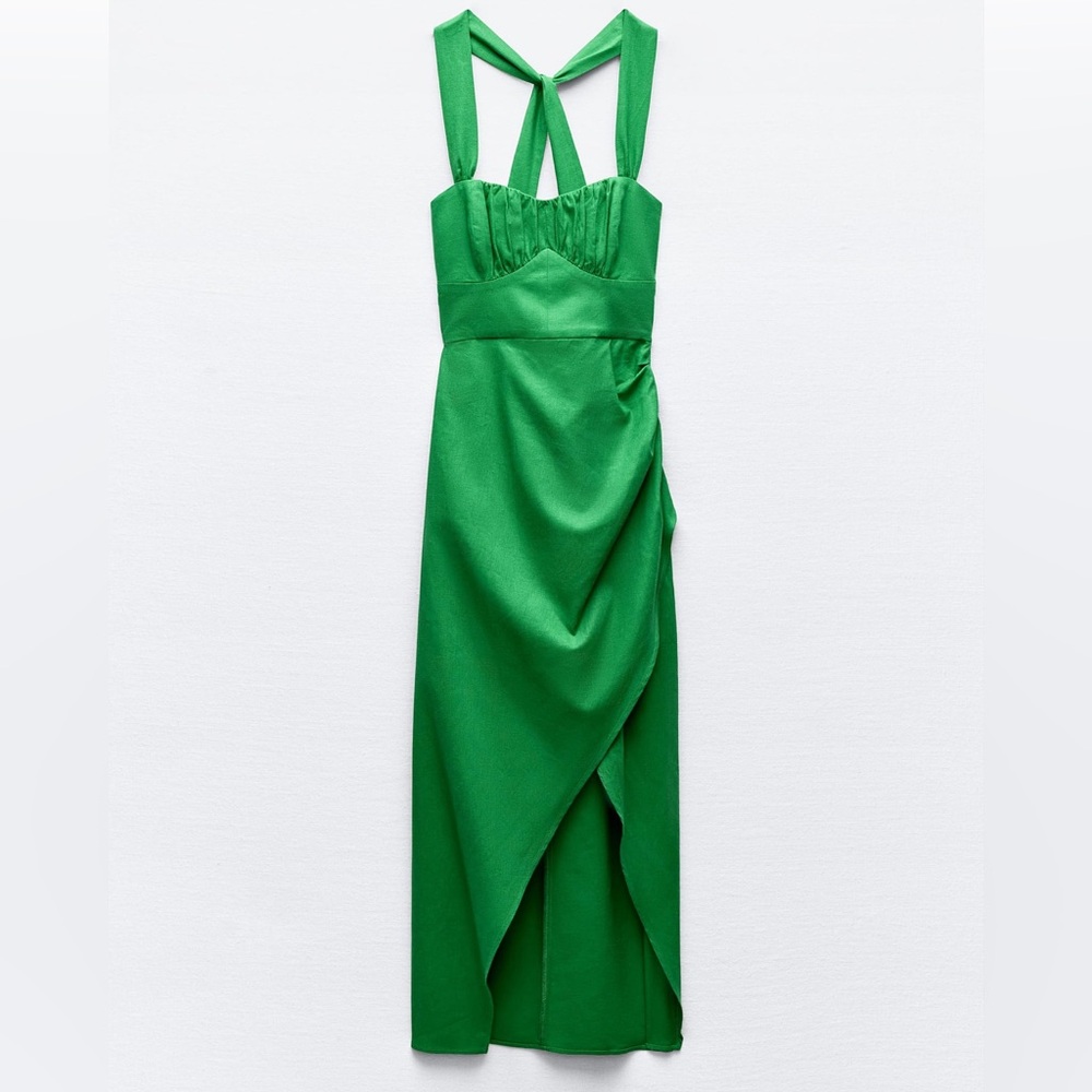 Ruched Linen Blend Midi Dress